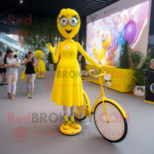 Yellow Unicyclist mascot costume character dressed with a Shift Dress and Keychains