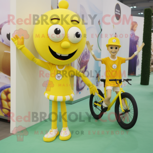 Yellow Unicyclist mascot costume character dressed with a Shift Dress and Keychains