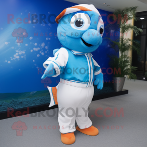 Sky Blue Clown Fish mascot costume character dressed with a Polo Shirt and Scarves