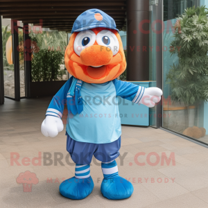 Sky Blue Clown Fish mascot costume character dressed with a Polo Shirt and Scarves