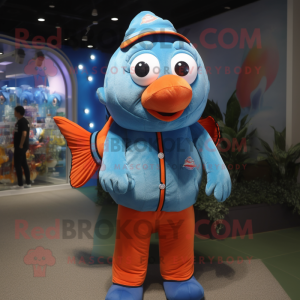 Sky Blue Clown Fish mascot costume character dressed with a Polo Shirt and Scarves