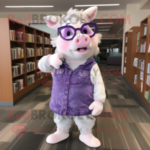 Lavender Pig mascot costume character dressed with a Capri Pants and Reading glasses