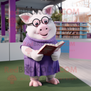 Lavender Pig mascot costume character dressed with a Capri Pants and Reading glasses