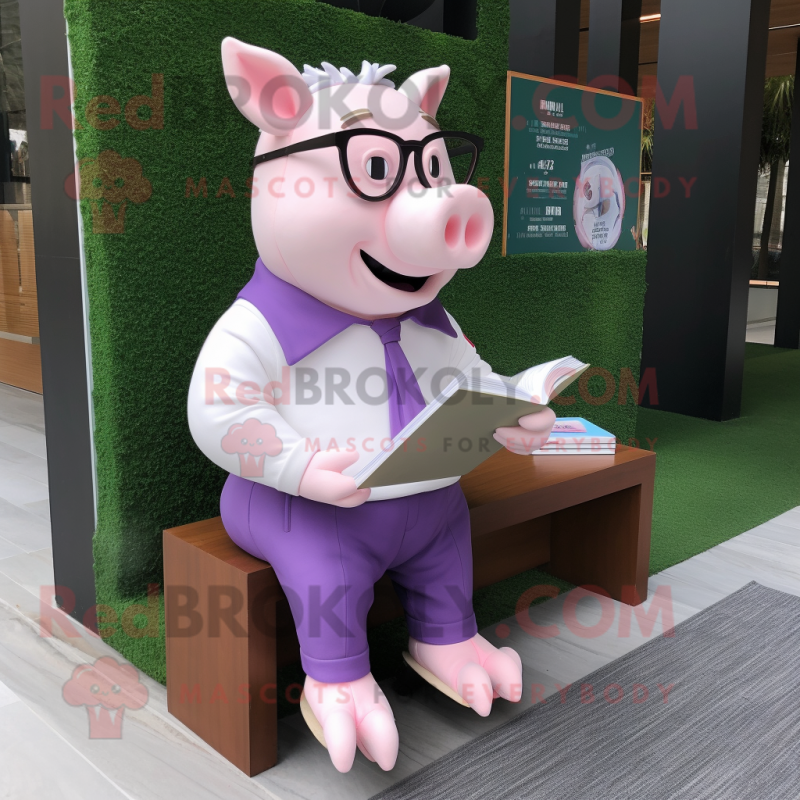 Lavender Pig mascot costume character dressed with a Capri Pants and Reading glasses