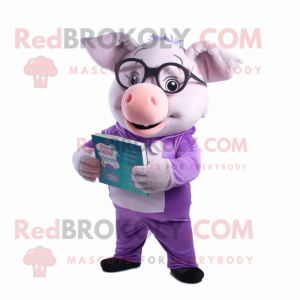 Lavender Pig mascot costume character dressed with a Capri Pants and Reading glasses
