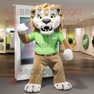 Green Smilodon mascot costume character dressed with a Chinos and Shoe clips