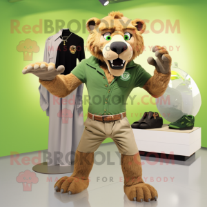 Green Smilodon mascot costume character dressed with a Chinos and Shoe clips