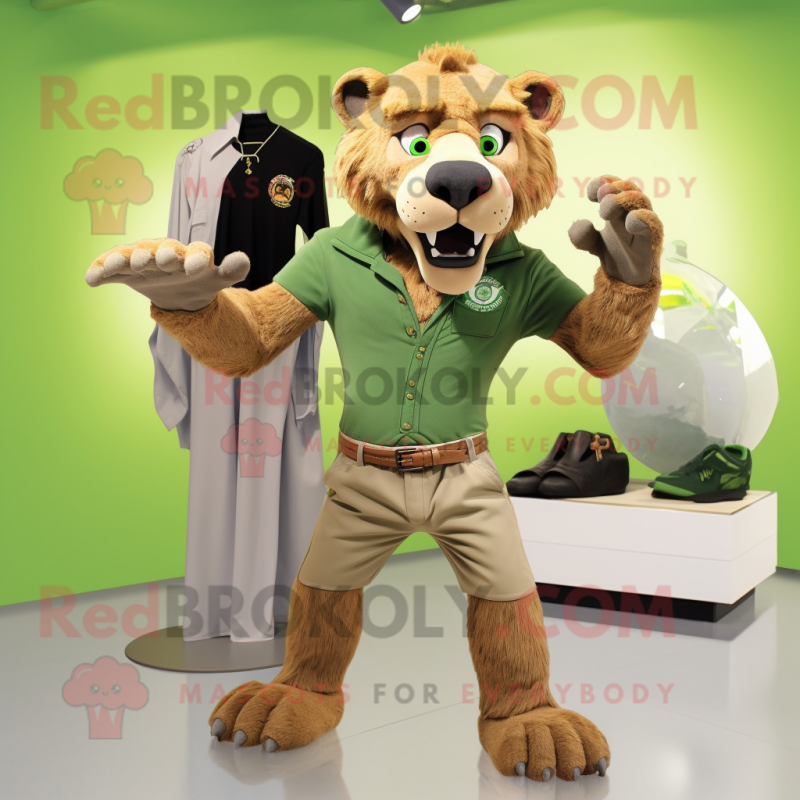 Green Smilodon mascot costume character dressed with a Chinos and Shoe clips Green Smilodon mascot costume character dressed with a Chinos and Shoe clips