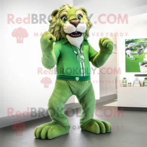 Green Smilodon mascot costume character dressed with a Chinos and Shoe clips