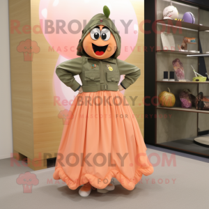 Peach Para Commando mascot costume character dressed with a Maxi Skirt and Shoe clips