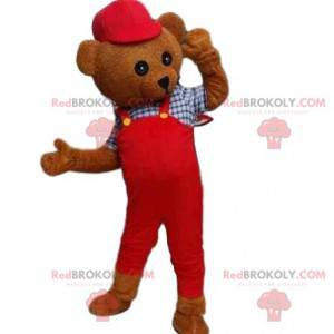 Teddy bear costume mascot. Brown bear costume in overalls -