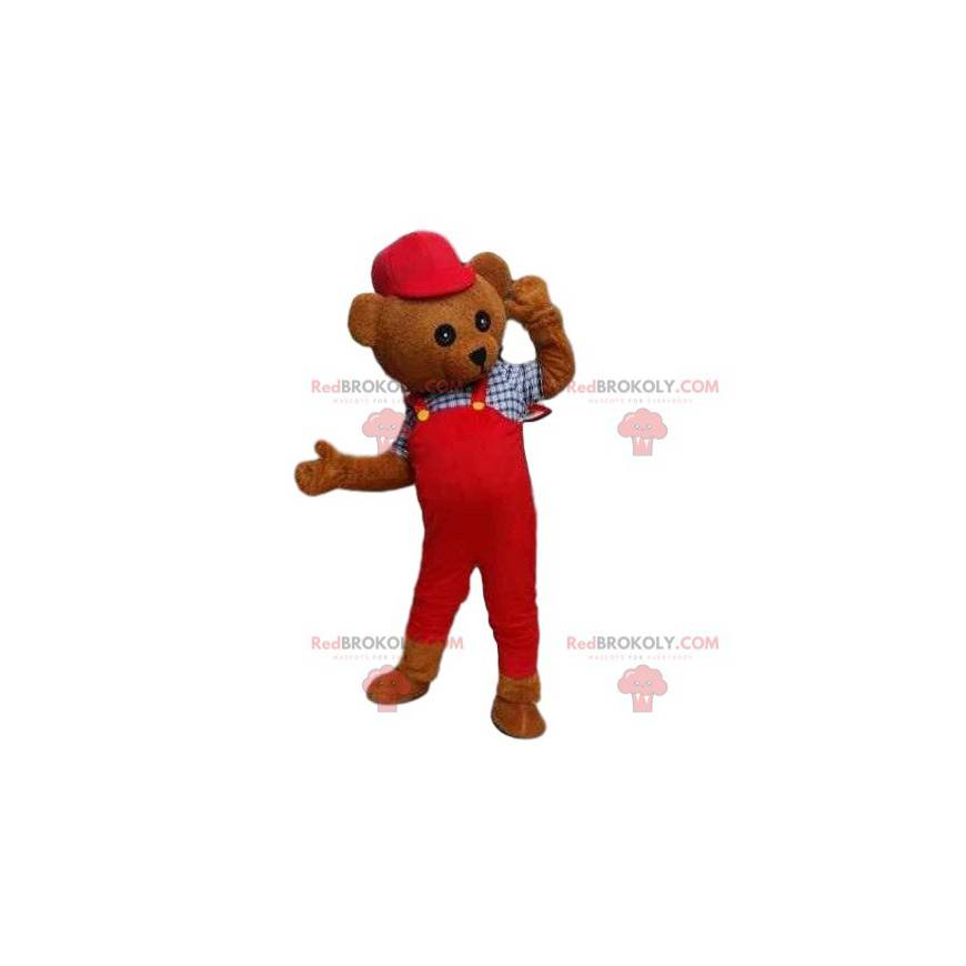 Teddy bear costume mascot. Brown bear costume in overalls -