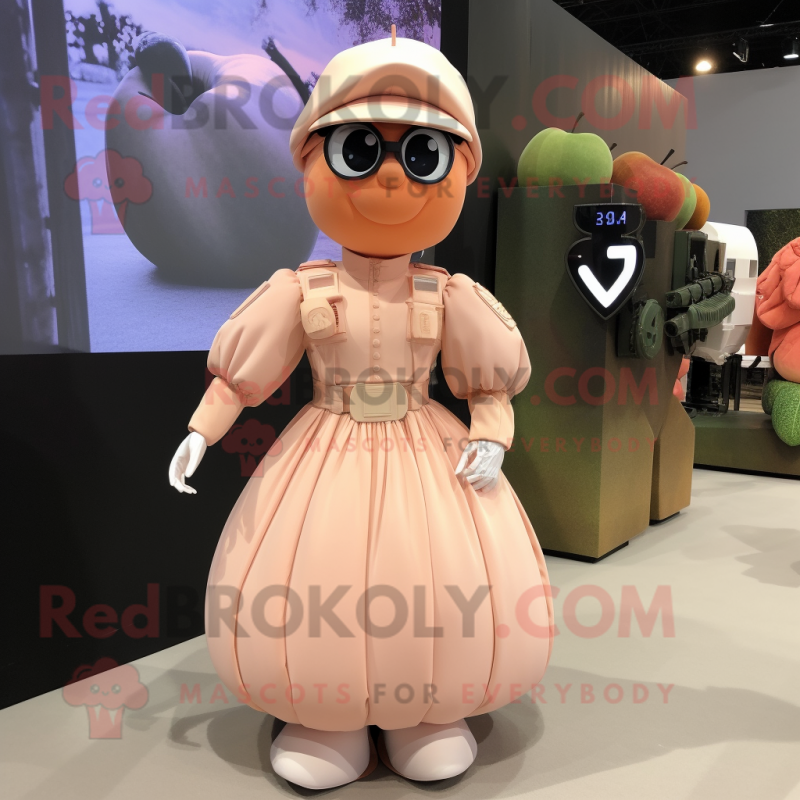 Peach Para Commando mascot costume character dressed with a Maxi Skirt and Shoe clips