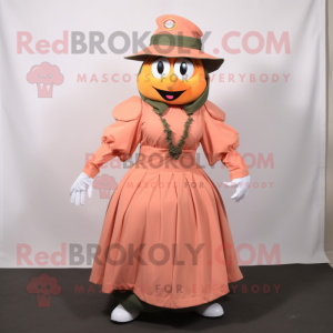 Peach Para Commando mascot costume character dressed with a Maxi Skirt and Shoe clips