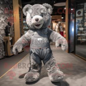 Gray Teddy Bear mascot costume character dressed with a Dungarees and Anklets