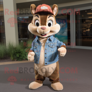 Tan Chipmunk mascot costume character dressed with a Jeans and Hats