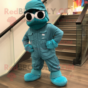 Teal Para Commando mascot costume character dressed with a Romper and Caps