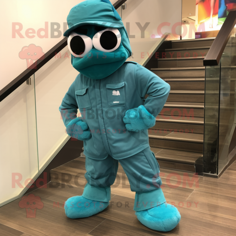 Teal Para Commando mascot costume character dressed with a Romper and Caps Teal Para Commando mascot costume character dressed with a Romper and Caps