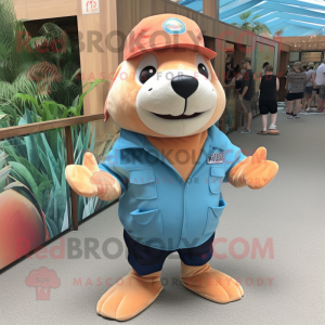 Peach Sea Lion mascot costume character dressed with a Denim Shorts and Hat pins