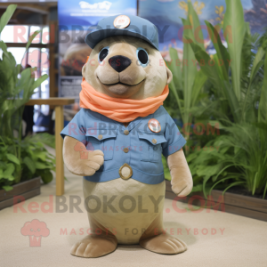 Peach Sea Lion mascot costume character dressed with a Denim Shorts and Hat pins