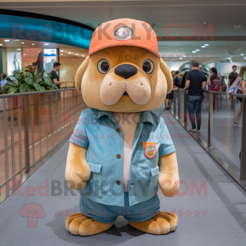 Peach Sea Lion mascot costume character dressed with a Denim Shorts and Hat pins