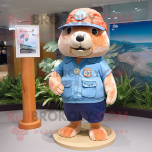 Peach Sea Lion mascot costume character dressed with a Denim Shorts and Hat pins