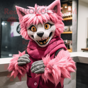 Pink Werewolf mascot costume character dressed with a Sweater and Scarf clips