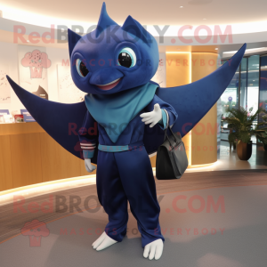 Navy Manta Ray mascot costume character dressed with a Turtleneck and Backpacks