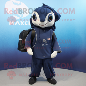 Navy Manta Ray mascot costume character dressed with a Turtleneck and Backpacks