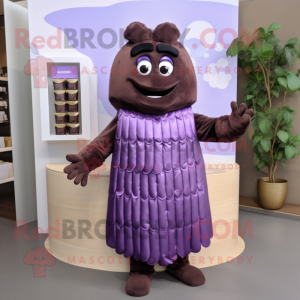 Purple Chocolate Bar mascot costume character dressed with a Pleated Skirt and Mittens