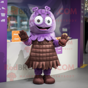 Purple Chocolate Bar mascot costume character dressed with a Pleated Skirt and Mittens