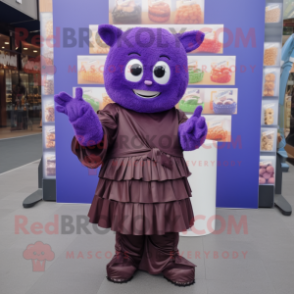 Purple Chocolate Bar mascot costume character dressed with a Pleated Skirt and Mittens