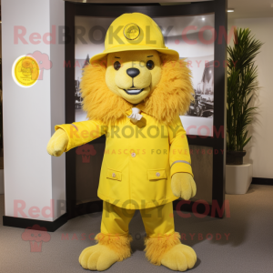 Lemon Yellow Tamer Lion mascot costume character dressed with a Turtleneck and Hat pins