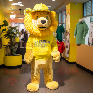 Lemon Yellow Tamer Lion mascot costume character dressed with a Turtleneck and Hat pins
