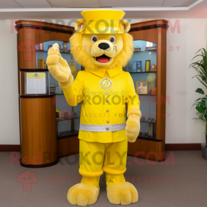 Lemon Yellow Tamer Lion mascot costume character dressed with a Turtleneck and Hat pins