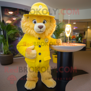 Lemon Yellow Tamer Lion mascot costume character dressed with a Turtleneck and Hat pins