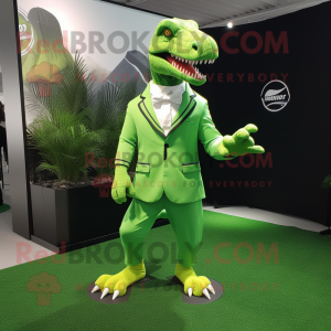 Lime Green T Rex mascot costume character dressed with a Blazer and Foot pads