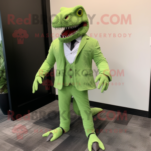 Lime Green T Rex mascot costume character dressed with a Blazer and Foot pads
