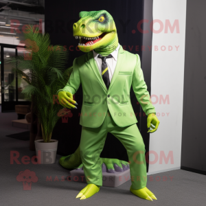 Lime Green T Rex mascot costume character dressed with a Blazer and Foot pads