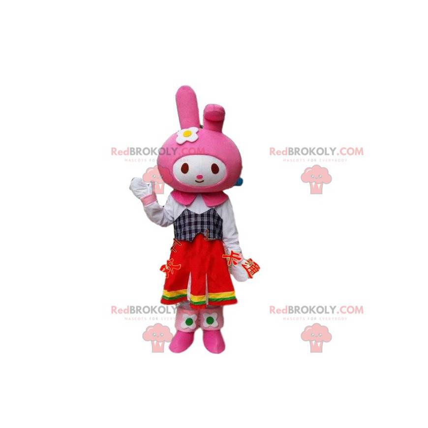 Mascote da fantasia de coelho. Traje de coelho rosa. Coelho