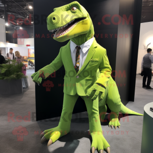 Lime Green T Rex mascot costume character dressed with a Blazer and Foot pads