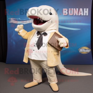 Beige Humpback Whale mascot costume character dressed with a Blazer and Keychains