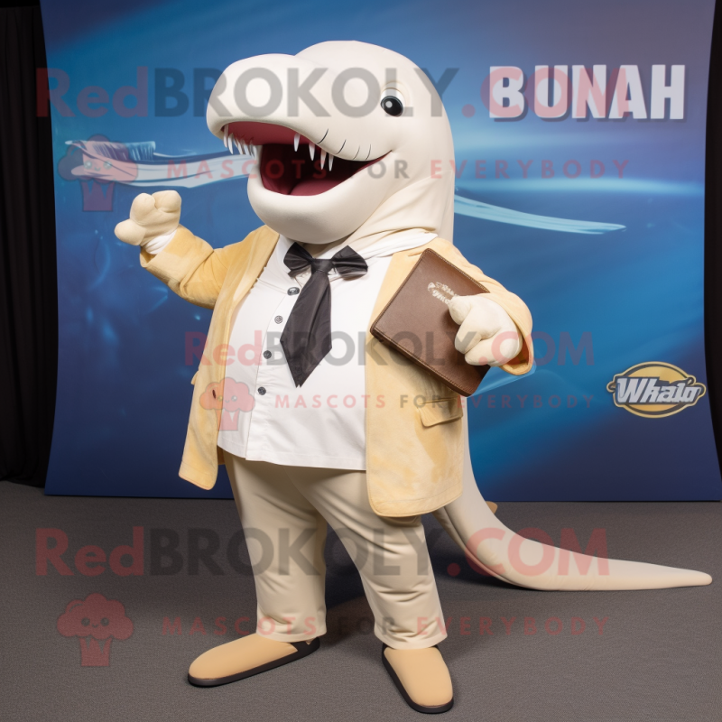 Beige Humpback Whale mascot costume character dressed with a Blazer and Keychains