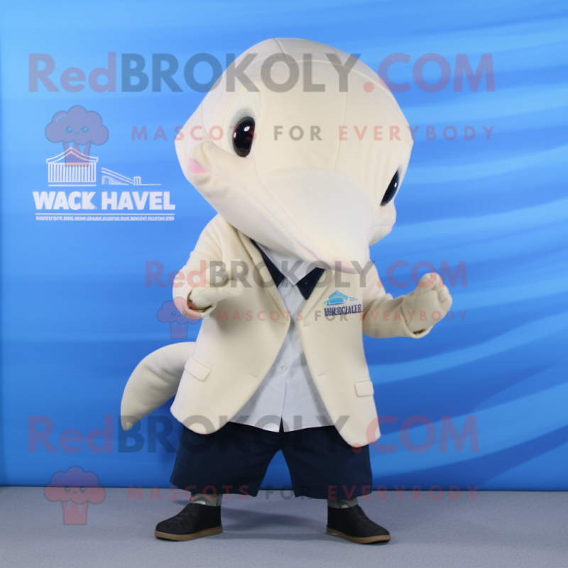 Beige Humpback Whale mascot costume character dressed with a Blazer and Keychains