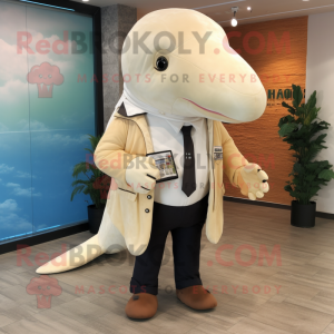 Beige Humpback Whale mascot costume character dressed with a Blazer and Keychains