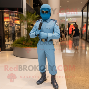 Sky Blue Gi Joe mascot costume character dressed with a Skinny Jeans and Berets