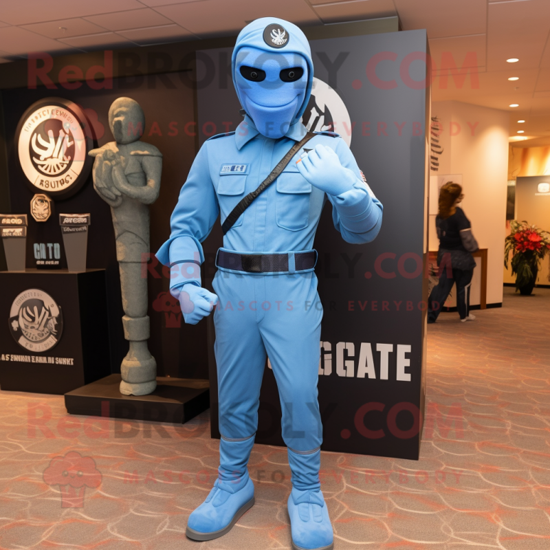 Sky Blue Gi Joe mascot costume character dressed with a Skinny Jeans and Berets