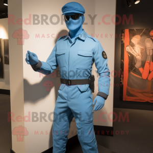 Sky Blue Gi Joe mascot costume character dressed with a Skinny Jeans and Berets