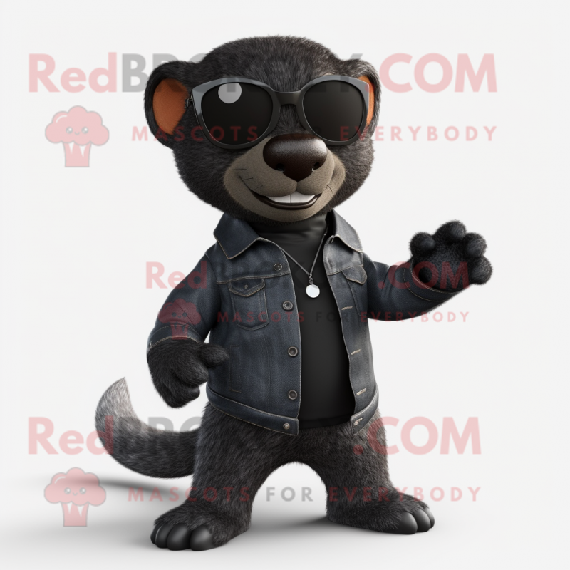 Black Mongoose mascot costume character dressed with a Jeans and Sunglasses