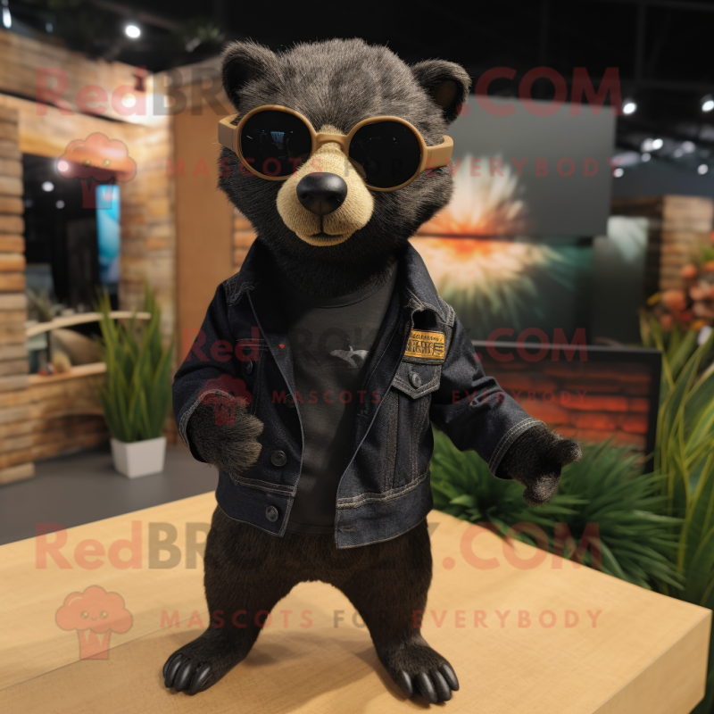 Black Mongoose mascot costume character dressed with a Jeans and Sunglasses Black Mongoose mascot costume character dressed with a Jeans and Sunglasses